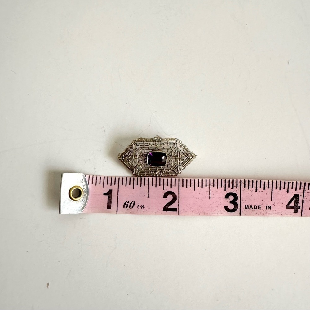 Art Deco 10K White Gold Brooch Filigree‎ Amethyst Pin Ornate Victorian Vintage - Picture 11 of 12